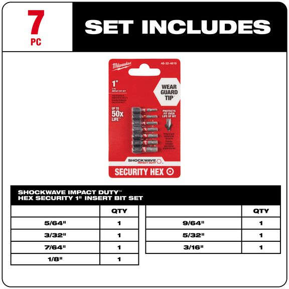 7 Piece SHOCKWAVE&trade; Impact Hex Security Insert Bit Set image number 1