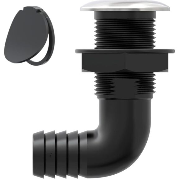 SEAFLO 3/4 in Angled Thru Hull Fitting with Built-In Check Valve Stainless Steel Cap image number 1