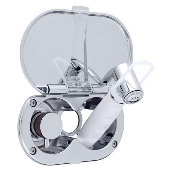 Aidack Transom Shower Hot/Cold Mixer, Chrome Cup & Lid, Hammer-Head Arctic White Sprayer, 6' White Rubber Hose, Chrome Aidack Handle image number 1