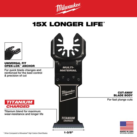 MILWAUKEE&reg; OPEN-LOK&trade; 1-3/8" TITANIUM CHARGED&trade; Bi-Metal Multi-Material Multi-Tool Blades, 3 Pack image number 1