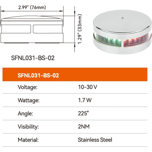 SEAFLO 02 Series Bi-Color Bow LED Navigation Light 10-30V 2NM Horizontal Mount image number 2
