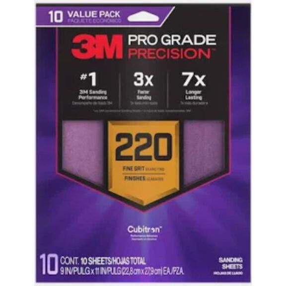 3M Pro Grade Precision Faster Sanding Sheets w/ NO-SLIP GRIP Backing SHR220-PGP-10T, 9" x 11", 220 Gr, 10 Sht/Pk image number 0
