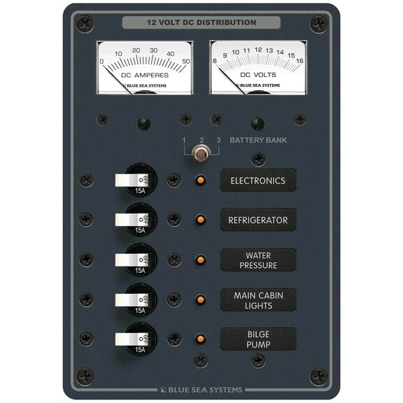 Traditional Metal DC Circuit Breaker Panel with Meters, 5-Position image number 0