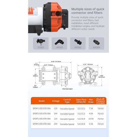 56A Series 5.0 GPM Variable Speed Smart On Demand Marine/RV 5-Chamber Diaphragm Pump, 12V image number 3