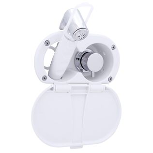 Aidack Transom Shower Hot/Cold Mixer, Arctic White Cup & Lid, Hammer-Head Arctic White Sprayer, 6' White Rubber Hose, Chrome Aidack Handle
