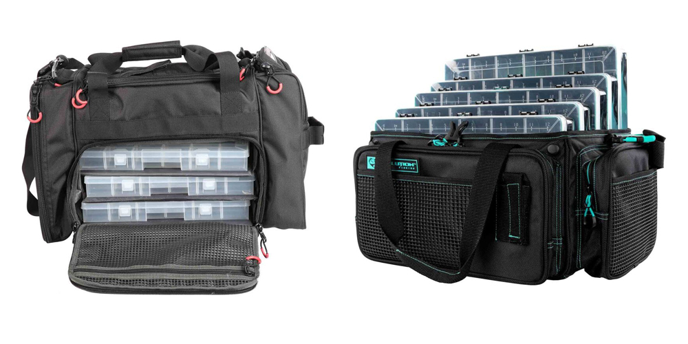 Soft fishing tackle bags with slide-in tackle trays, padded shoulder straps, and exterior accessory pockets