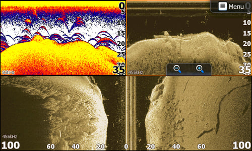Lowrance SonarHub module networked with HDS Gen3 display showing side-scan, down-scan, and CHIRP sonar in multi-window split screen
