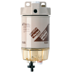 Racor fuel filter with a transparent see-through bowl without a heat shield.