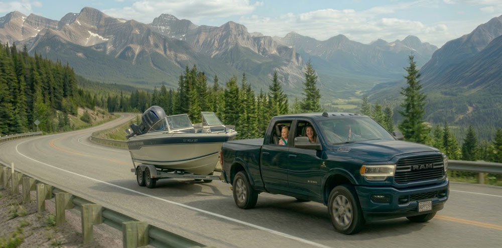 Dodge pickup truck towing boat on mountain highway