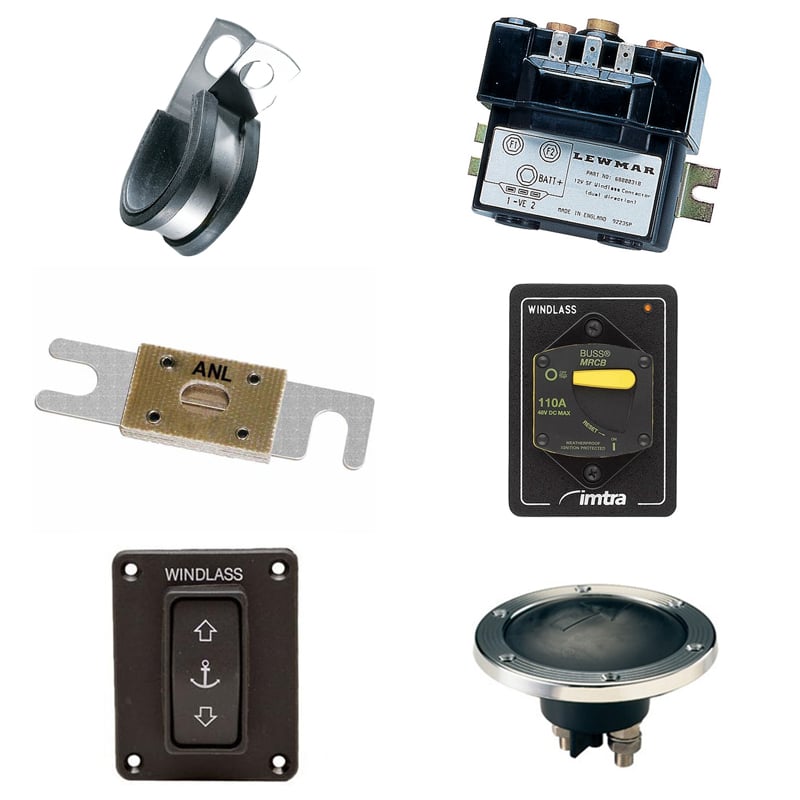 Windlass fuse, circuit breaker, foot switch, panel switch, solenoid, cable clamp