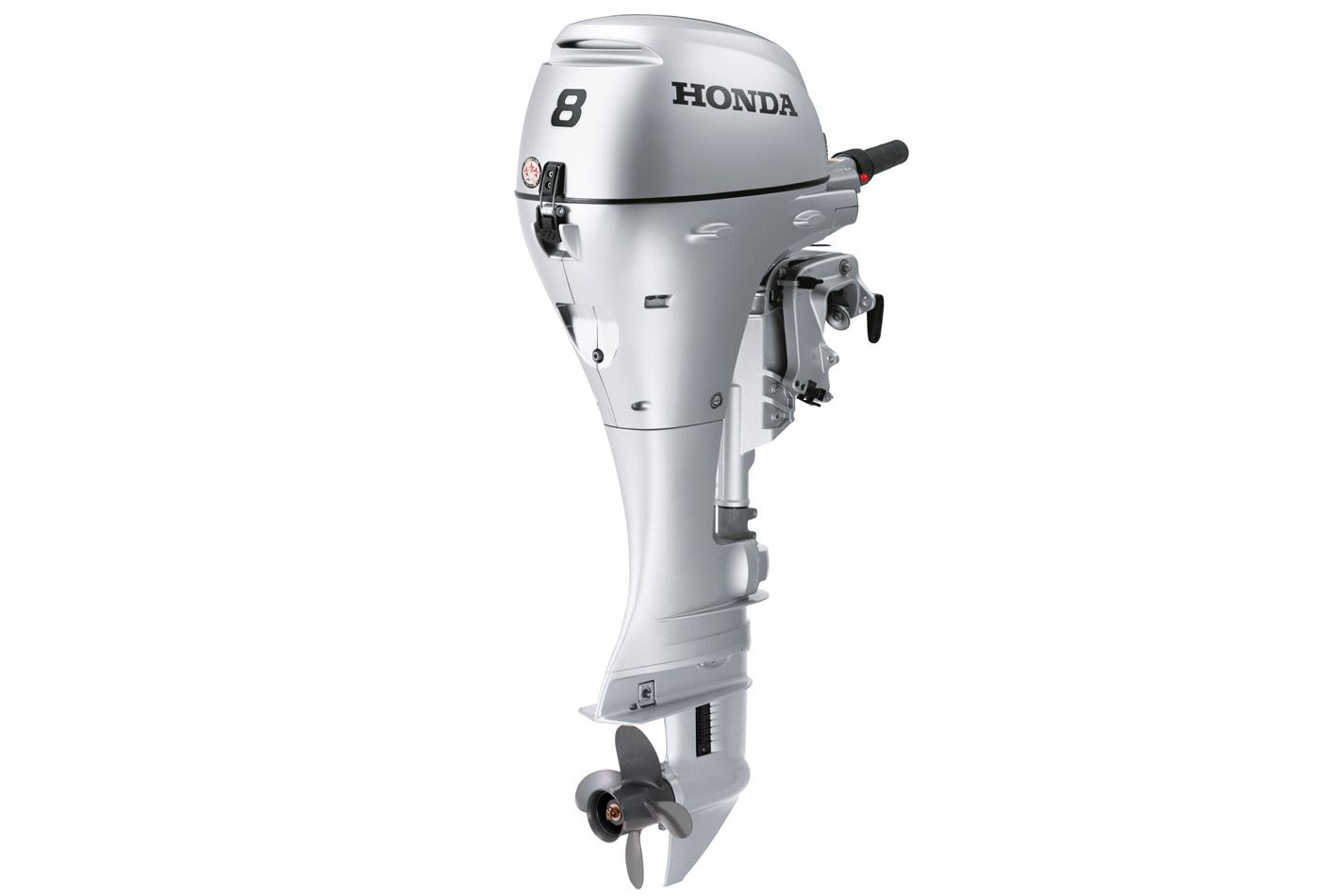 8 horsepower Honda outboard motor on a white background