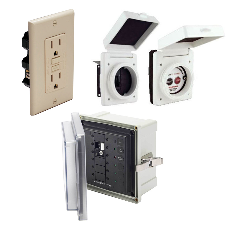 GFCI outlet, ELCI Sensing Module and Breaker Housing, Enclosed ELCI Main Circuit Breaker Panel