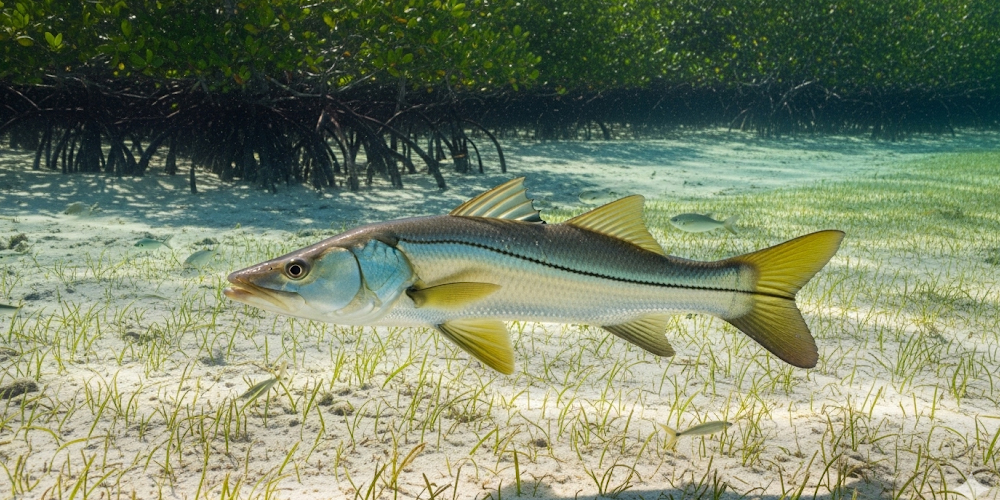 Snook fish caught near mangrove shoreline in Florida inshore saltwater