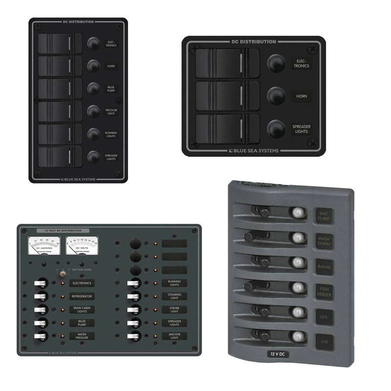Examples of fuse and breaker distribution panels by Blue Sea Systems.