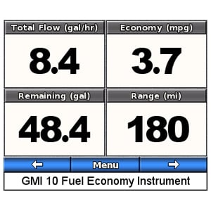 GMI 10 Garmin display showing gal/hr, mpg, fuel remaining, range.