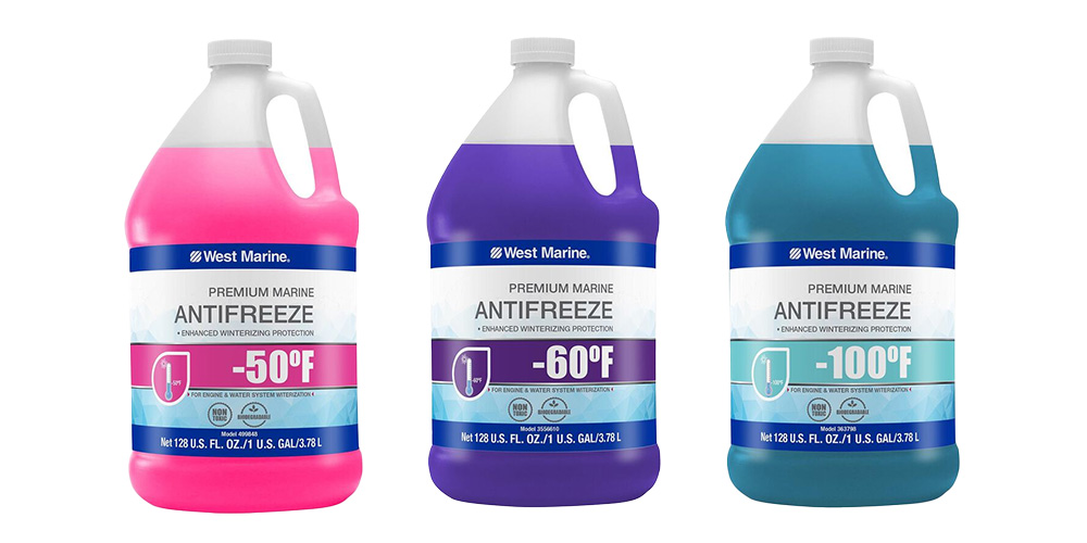 Three bottles of West Marine antifreeze