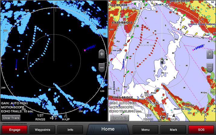 Doppler display example with red targets to show fast moving powerboats