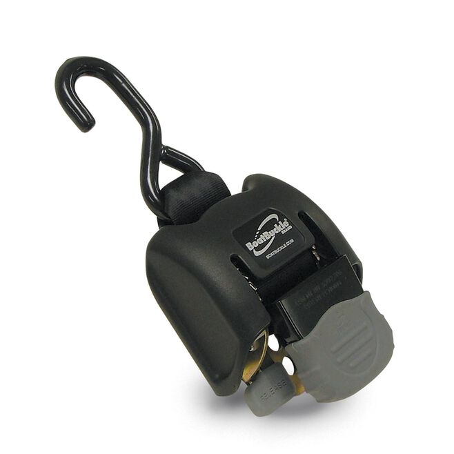 BoatBuckle retractable boat trailer tiedowns — pull-hook-and-tension design with automatic retraction when released