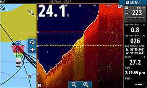 Simrad ForwardScan steerable sonar transducer display showing shallow water depth ahead of boat with color-coded depth indicators