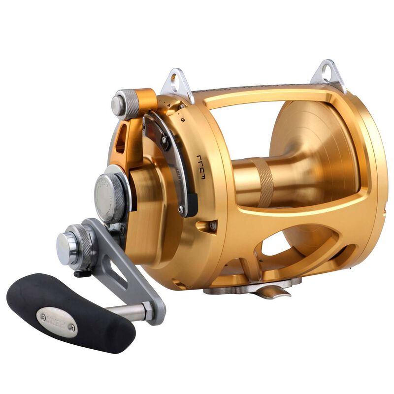 Penn International 80VISW 2-speed conventional reel in gold — machined aluminum frame, 65 lb drag, Dura-Drag system for big game offshore fishing