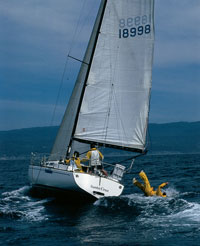 sailboat with a man overboard