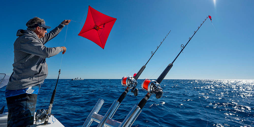 Angler launching a fishing kite from an offshore boat to present live bait at the surface