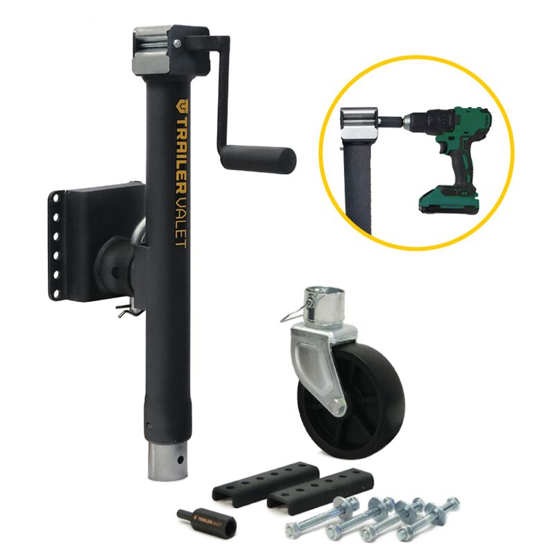 Trailer Valet JX 5K side mount trailer jack with wheel — 5000 lb capacity, operates manually or with a cordless drill