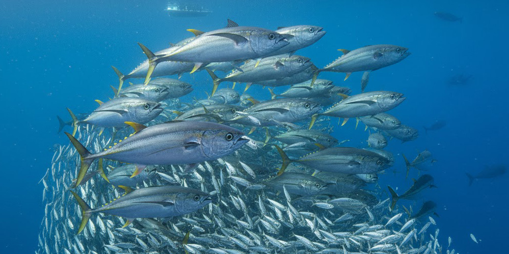 Yellowfin tuna caught on a trolling lure in offshore Gulf of Mexico waters
