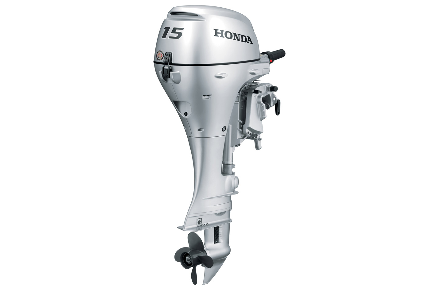 15 horsepower Honda outboard motor on a white background