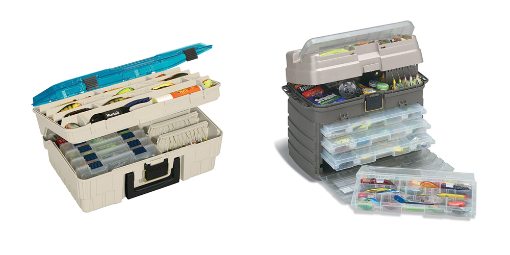 Hard plastic fishing tackle boxes with layered trays and compartments for organizing lures, hooks, and terminal tackle