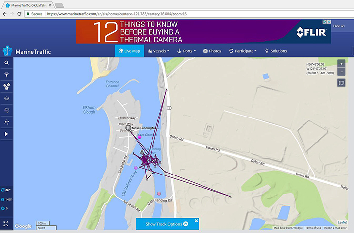 Example of location tracking glitch showing the boat traveling over land