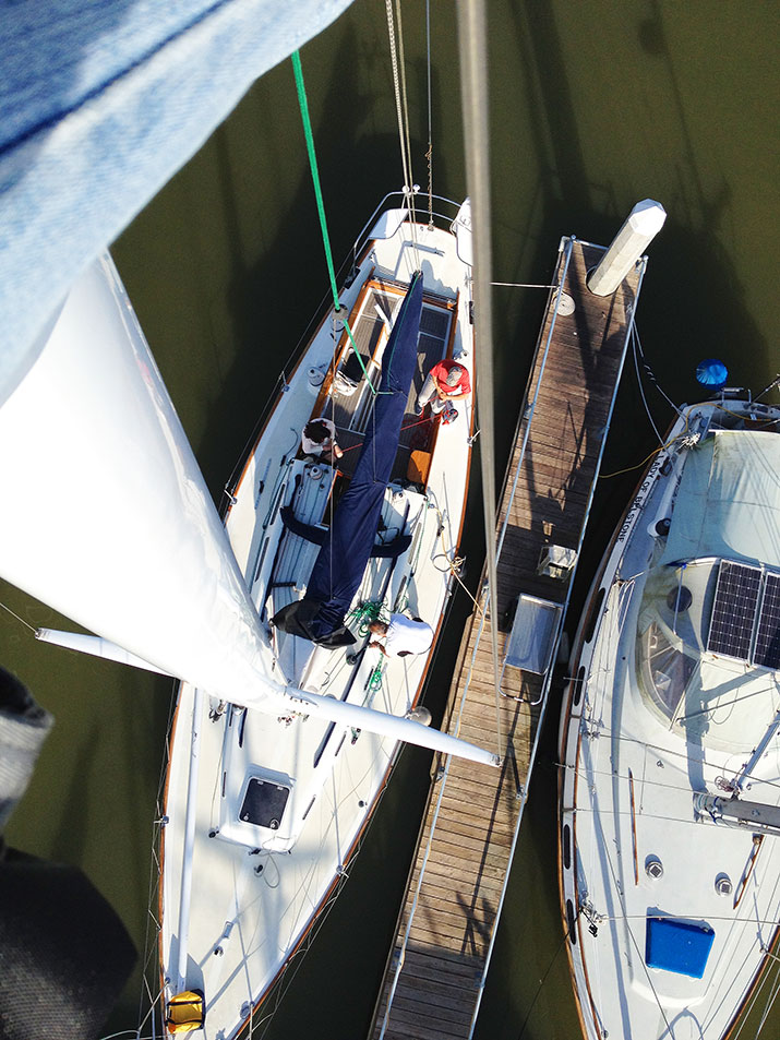 Looking down at the deck from the bosun's chair