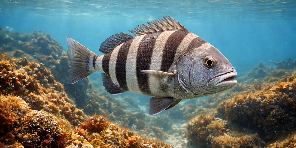 Sheepshead fish caught on a dock piling in coastal Florida saltwater