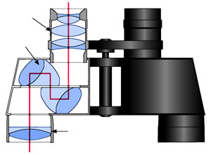 Diagram of prisms and lenses inside marine binoculars