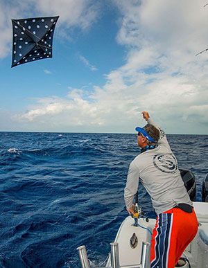 Angler launching fishing kite