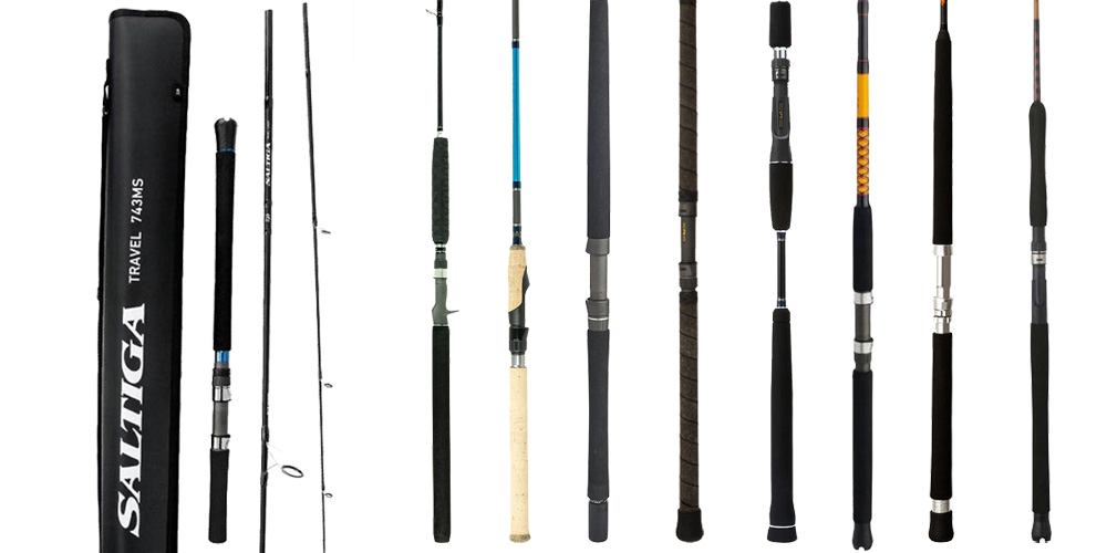 9 fishing rods lined up on a white background