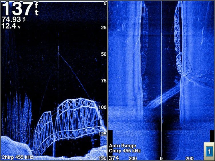 Lake Murray bridge viewed with Garmin ClearVu and SideVu scanning sonar at 455kHz with CHIRP technology