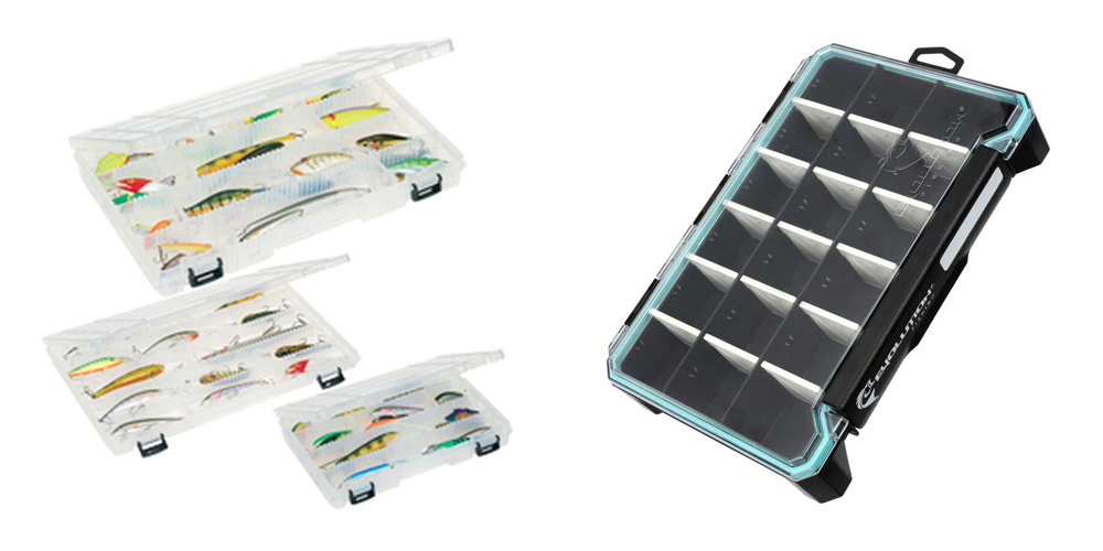 Utility tackle storage boxes and tackle trays including waterproof options and deep-divider versions for bulkier fishing gear