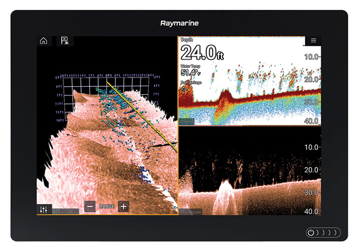 Raymarine Axiom combo fishfinder display showing gyro-stabilized 3D scanning sonar image of underwater structure
