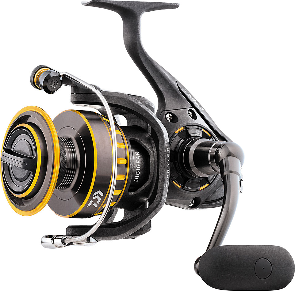 Daiwa BG 8000 spinning reel black anodized aluminum body extra-large drive gear air rotor design for saltwater fishing