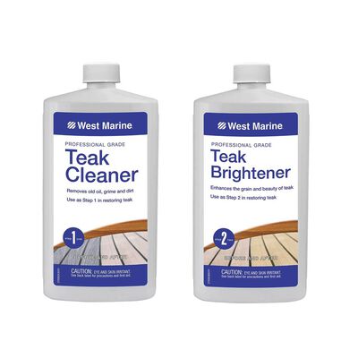 Bottle of West Marine Teak Cleaner and bottle West Marine Teak Brightener