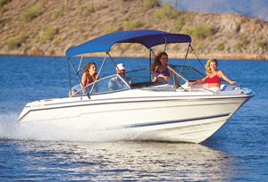 Power boat with Bimini Top