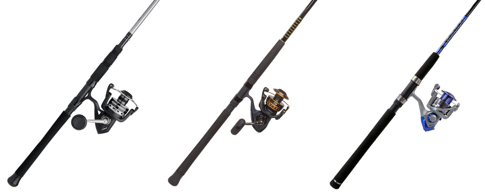 Penn Pursuit IV, Daiwa Offshore, and Okuma Safina Pro spinning rod and reel combos side by side