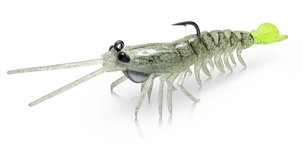 Soft plastic fishing lures including paddle tails, worms, and shrimp imitations