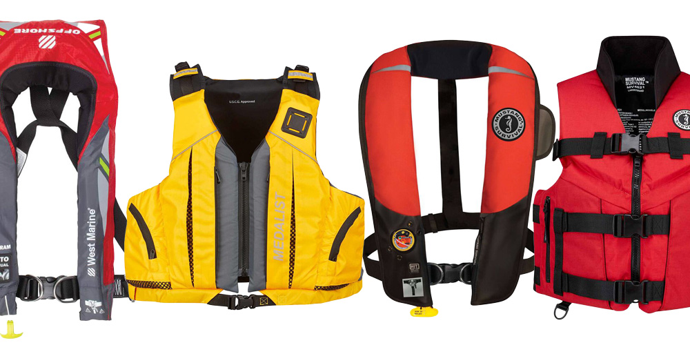 four life jackets on a white background