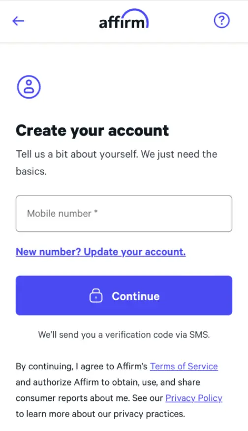 Create Your Account screen, showing field for entering mobile number, continue button, and disclaimer