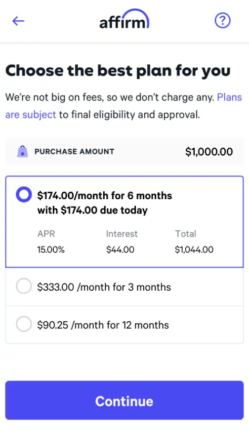 Choose the Best Plan for You screen, showing payment plan options, and continue button